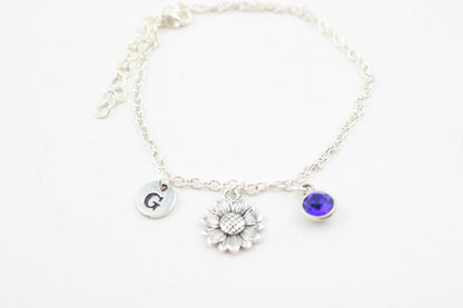 Sunflower Ankle Bracelet: Silver Floral Anklet, Personalized Initial