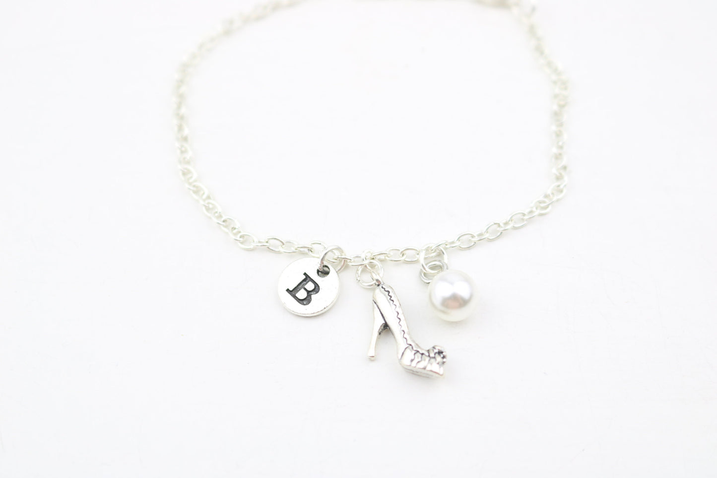 High Heel Anklet: Silver Chain, Initial Charm, Adjustable