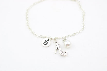 High Heel Anklet: Silver Chain, Initial Charm, Adjustable