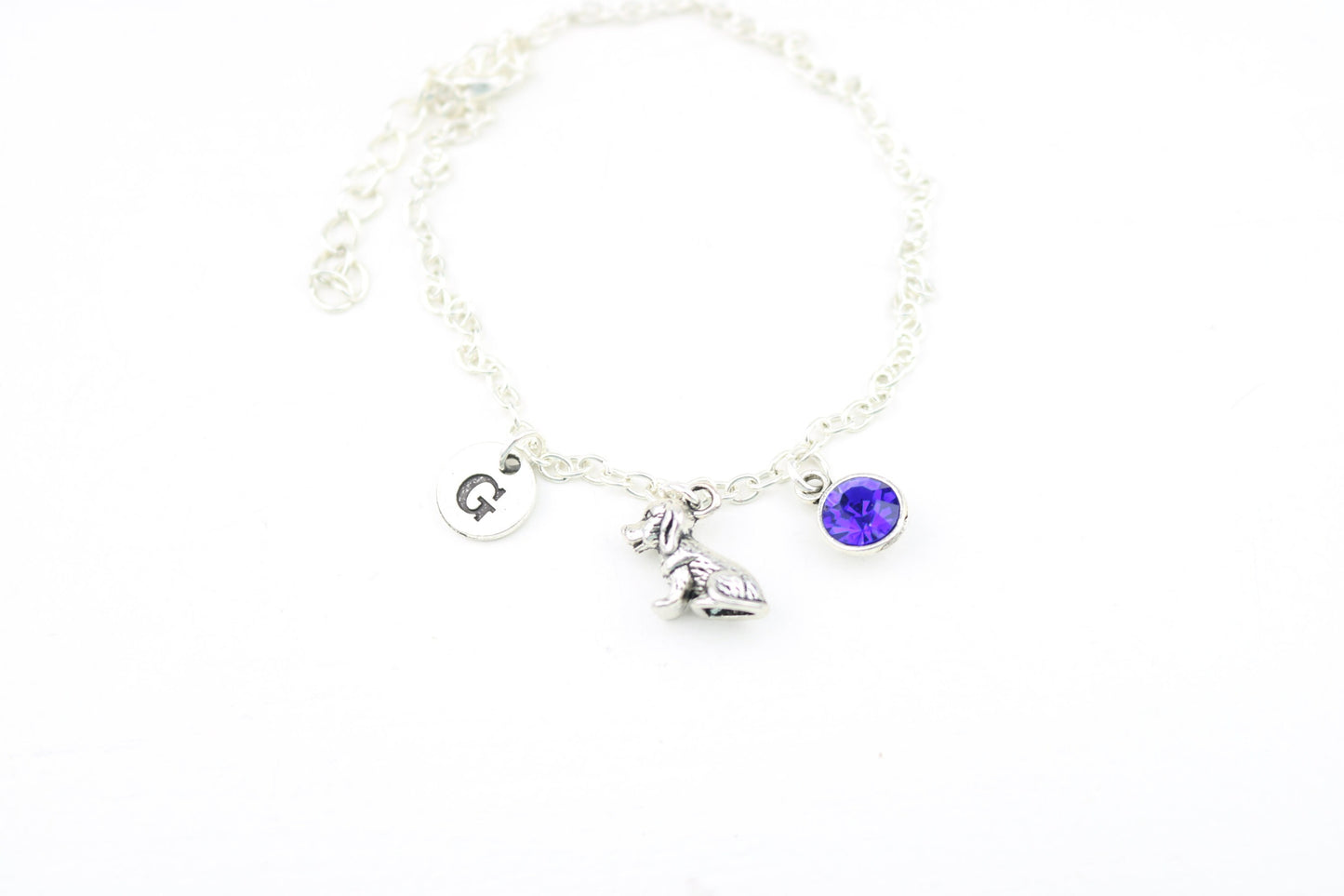 Dog Charm Anklet: Personalized Initial, Silver Puppy Jewelry