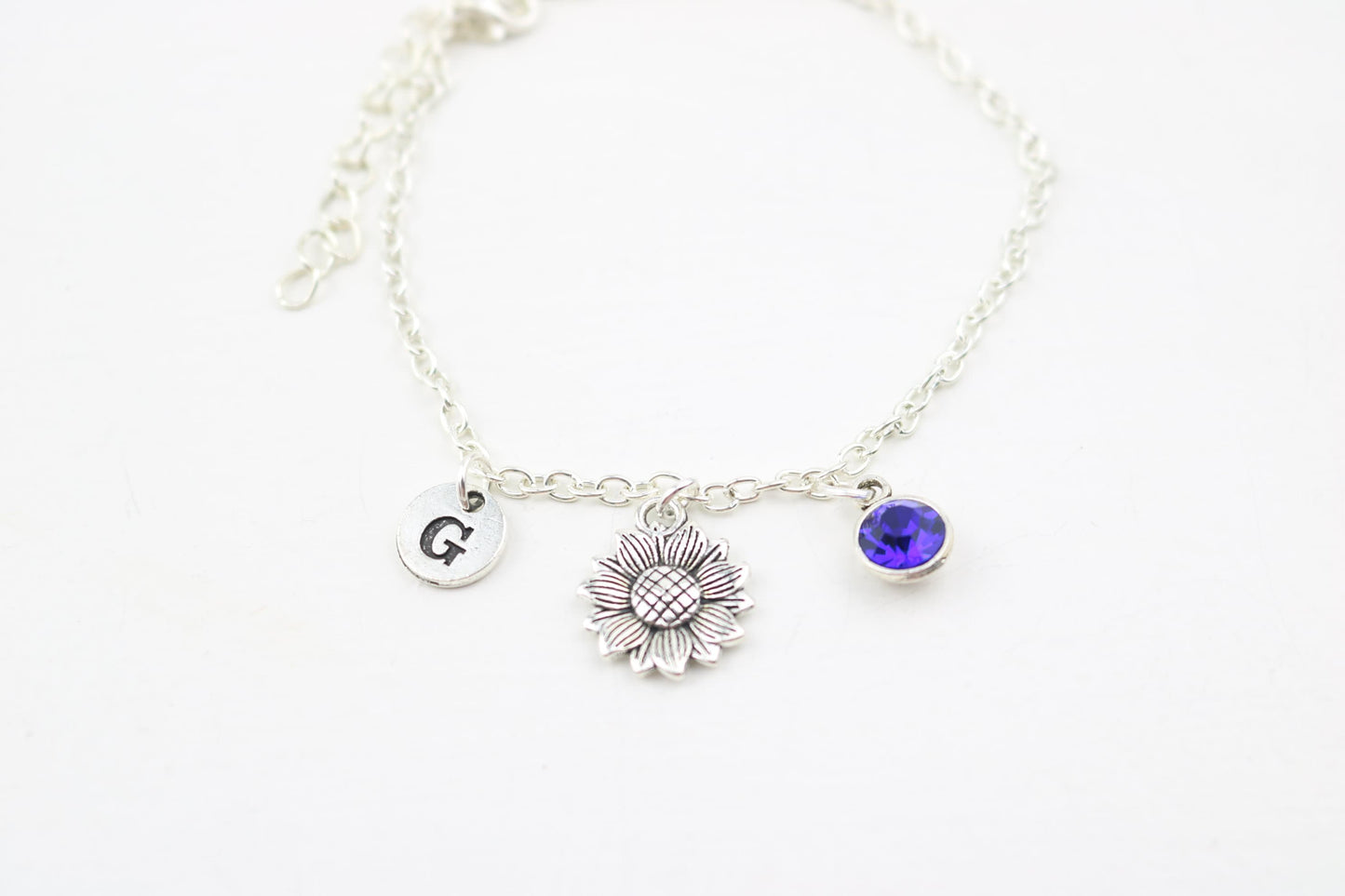 Sunflower Ankle Bracelet: Silver Floral Anklet, Personalized Initial