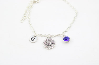 Sunflower Ankle Bracelet: Silver Floral Anklet, Personalized Initial