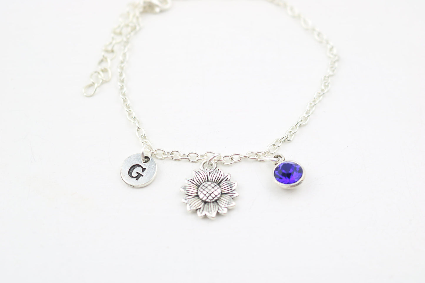 Sunflower Ankle Bracelet: Silver Floral Anklet, Personalized Initial