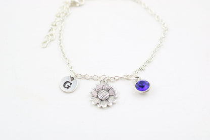 Sunflower Ankle Bracelet: Silver Floral Anklet, Personalized Initial