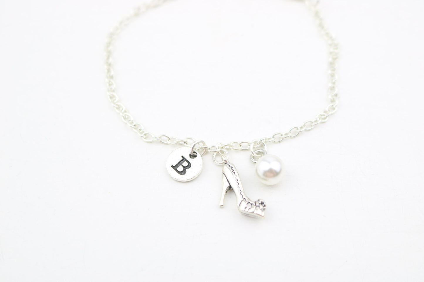 High Heel Anklet: Silver Chain, Initial Charm, Adjustable