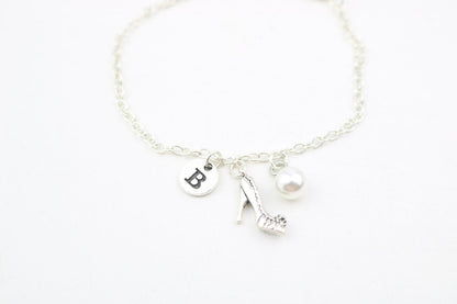 High Heel Anklet: Silver Chain, Initial Charm, Adjustable