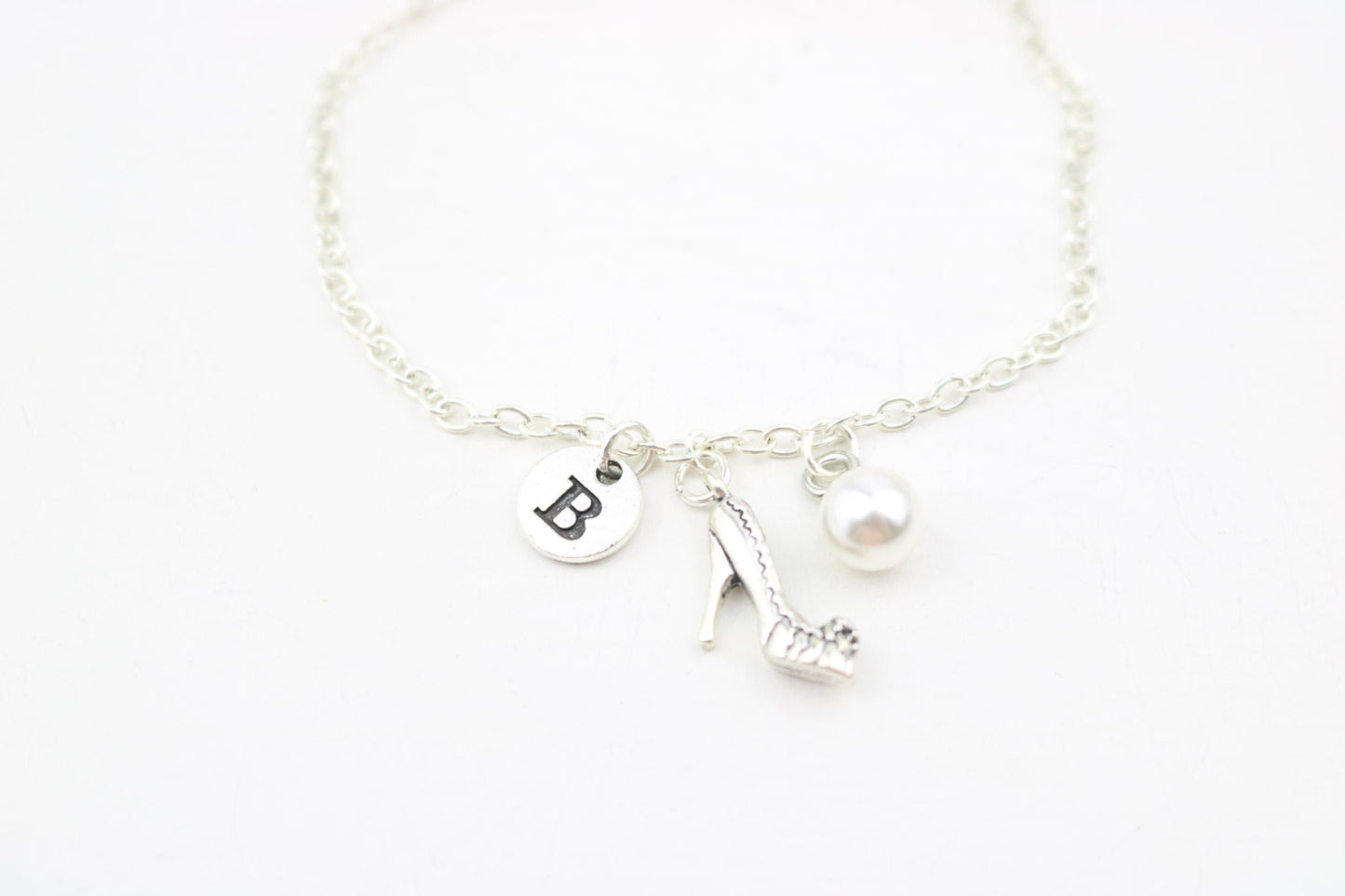 High Heel Anklet: Silver Chain, Initial Charm, Adjustable