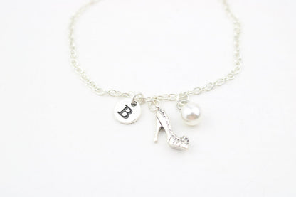 High Heel Anklet: Silver Chain, Initial Charm, Adjustable