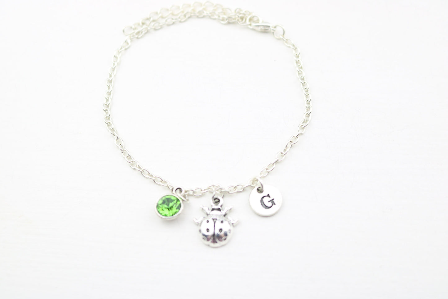 Ladybug Charm Anklet: Silver Ladybird, Birthstone, Monogram Jewelry
