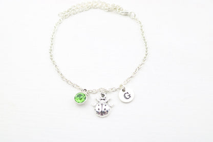 Ladybug Charm Anklet: Silver Ladybird, Birthstone, Monogram Jewelry