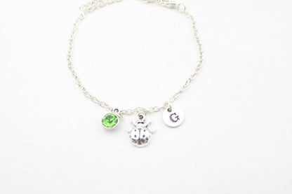 Ladybug Charm Anklet: Silver Ladybird, Birthstone, Monogram Jewelry