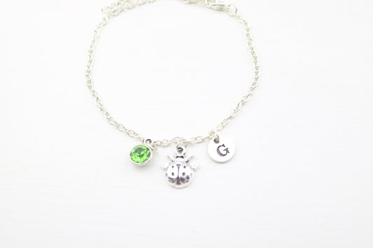 Ladybug Charm Anklet: Silver Ladybird, Birthstone, Monogram Jewelry