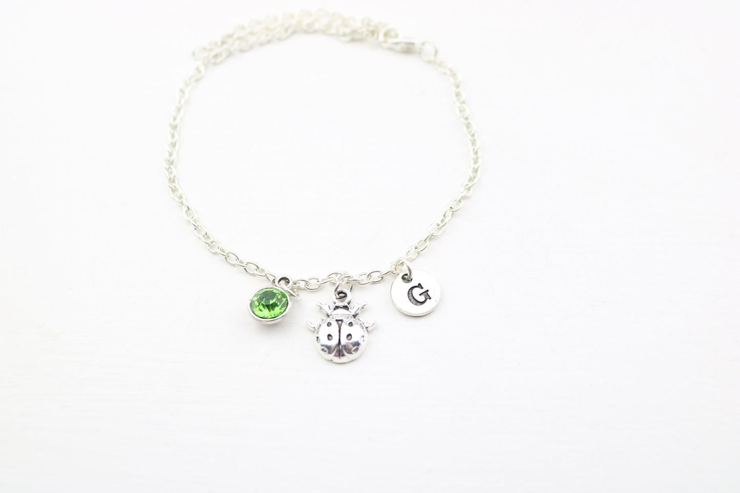 Ladybug Charm Anklet: Silver Ladybird, Birthstone, Monogram Jewelry