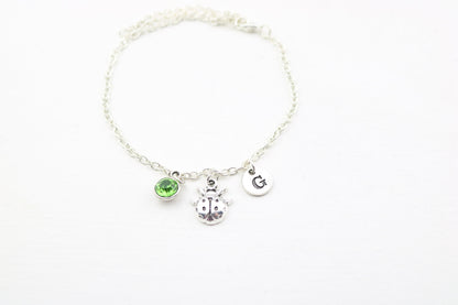 Ladybug Charm Anklet: Silver Ladybird, Birthstone, Monogram Jewelry