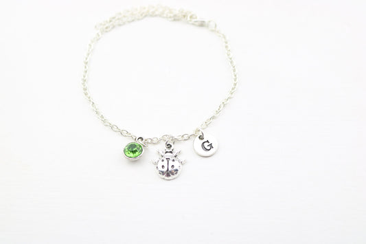 Ladybug Charm Anklet: Silver Ladybird, Birthstone, Monogram Jewelry