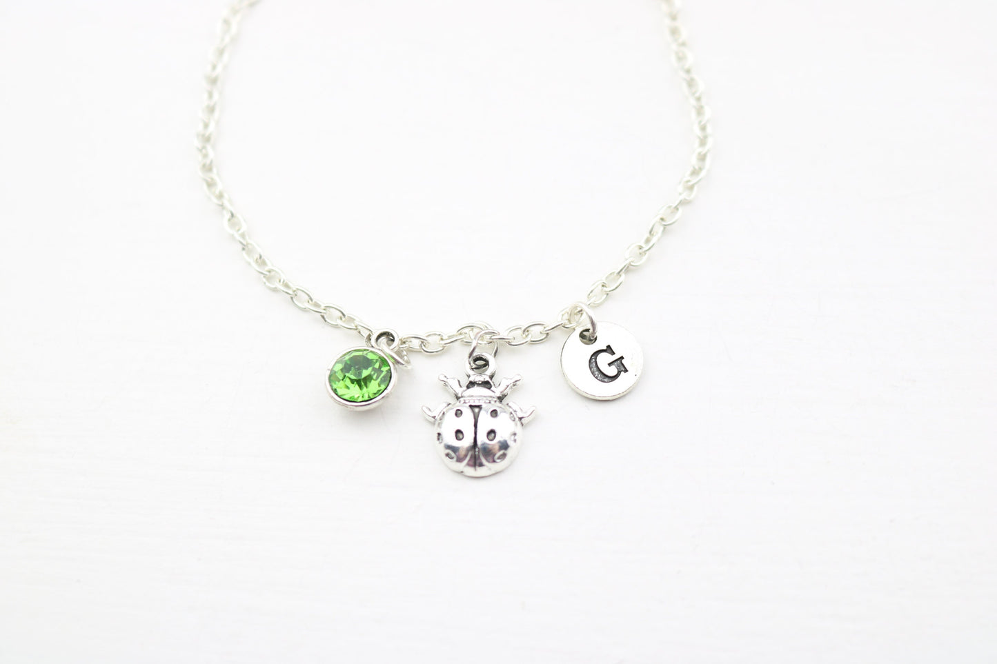 Ladybug Charm Anklet: Silver Ladybird, Birthstone, Monogram Jewelry