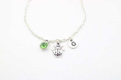 Ladybug Charm Anklet: Silver Ladybird, Birthstone, Monogram Jewelry
