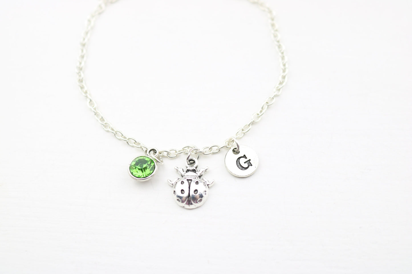 Ladybug Charm Anklet: Silver Ladybird, Birthstone, Monogram Jewelry