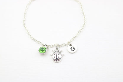 Ladybug Charm Anklet: Silver Ladybird, Birthstone, Monogram Jewelry