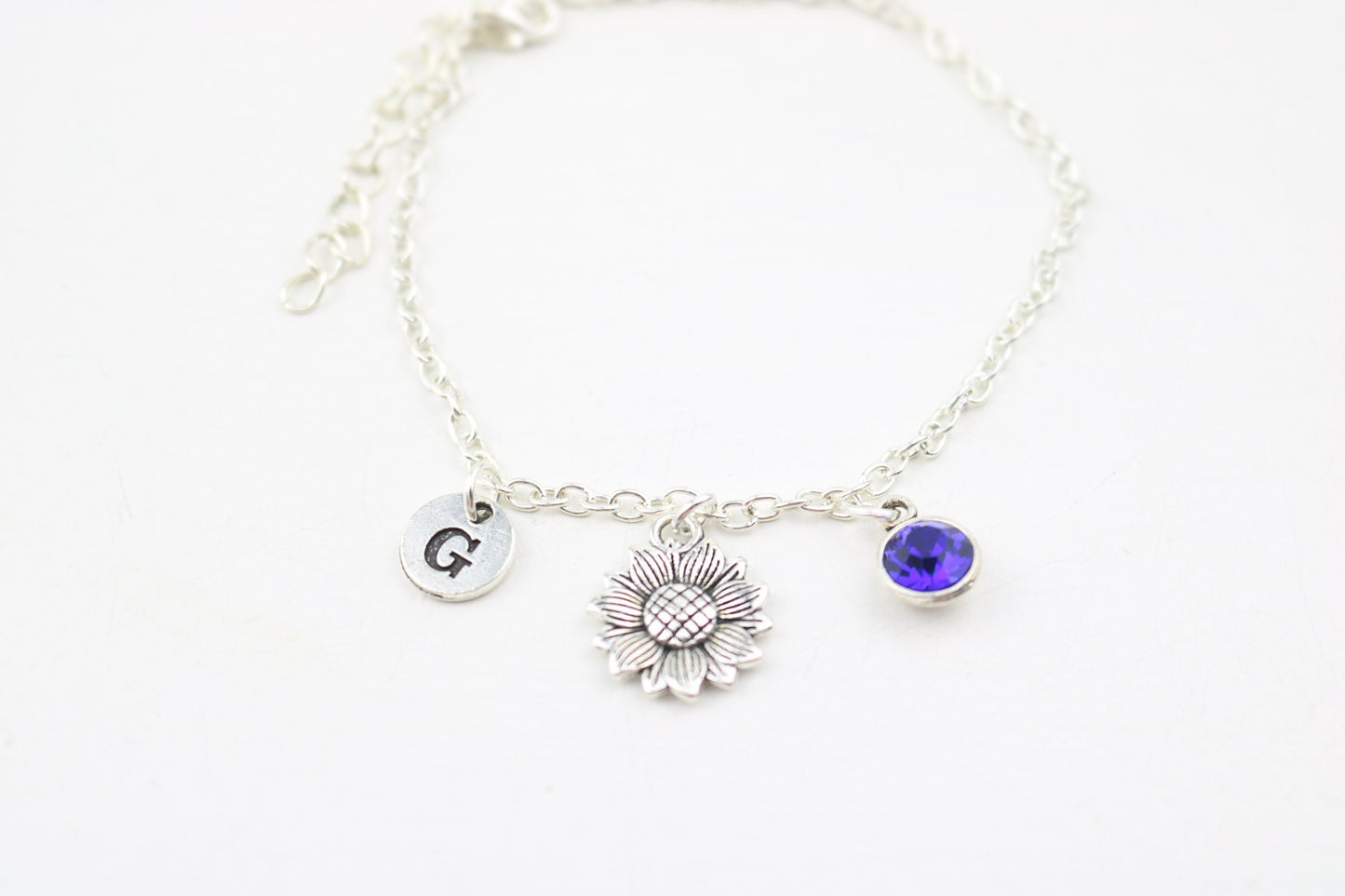 Sunflower Ankle Bracelet: Silver Floral Anklet, Personalized Initial