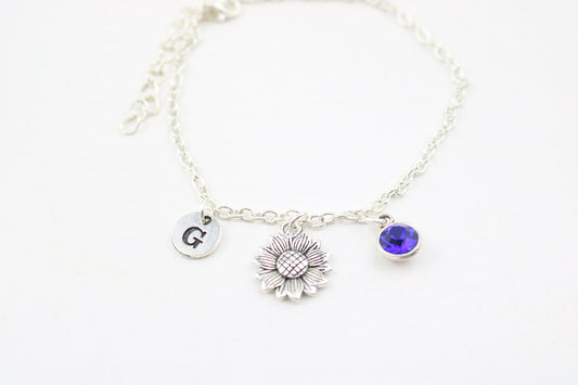 Sunflower Ankle Bracelet: Silver Floral Anklet, Personalized Initial