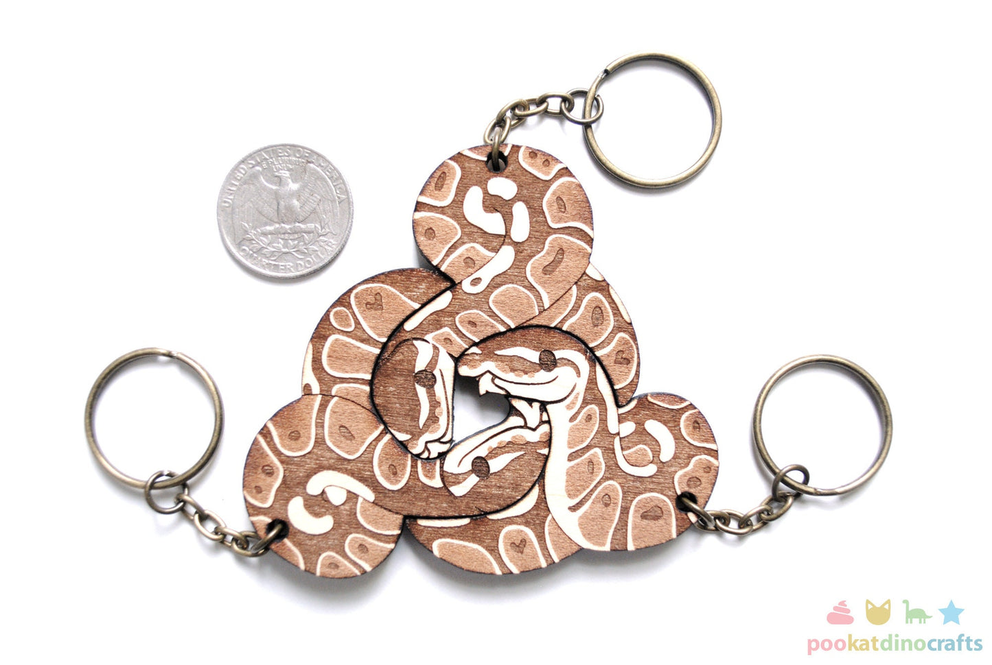 Interlocking Ball Python Trio Keychains - Family, Friendship, Poly Relationship couple keychain set