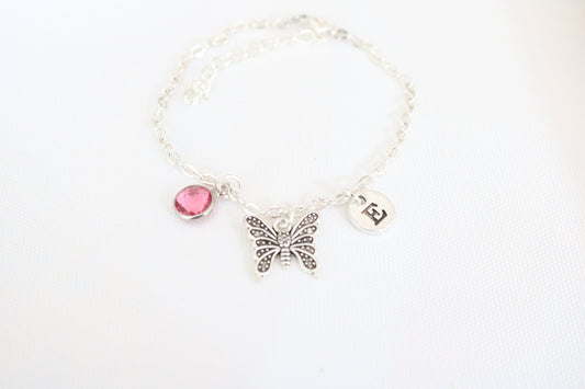 Butterfly Anklet: Silver Ankle Bracelet with Initial Charm
