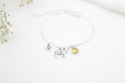 Silver Cow Anklet: Personalized Initial & Birthstone Charm