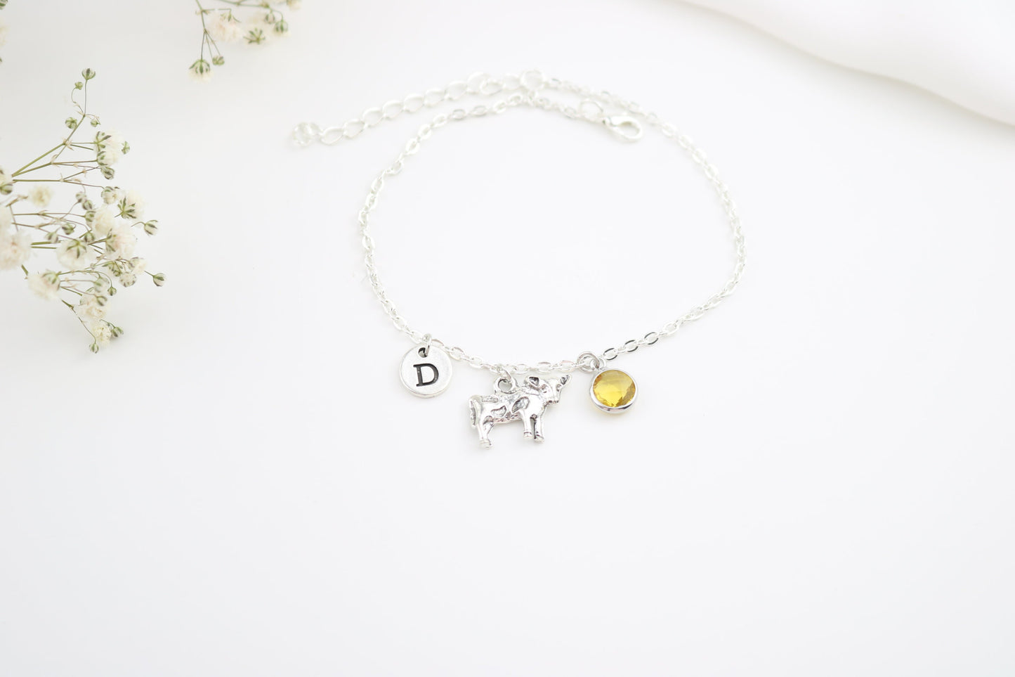 Silver Cow Anklet: Personalized Initial & Birthstone Charm