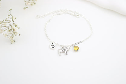 Silver Cow Anklet: Personalized Initial & Birthstone Charm