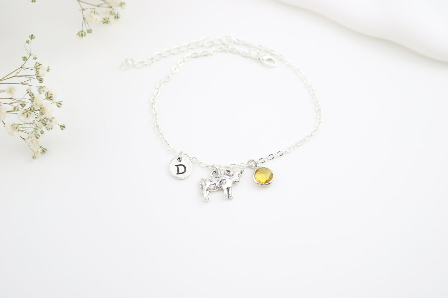 Silver Cow Anklet: Personalized Initial & Birthstone Charm