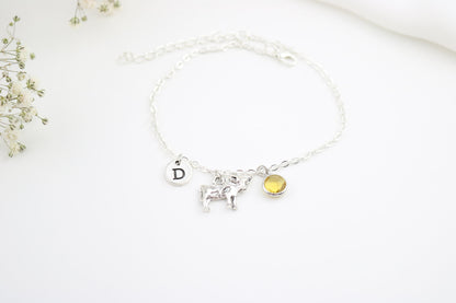 Silver Cow Anklet: Personalized Initial & Birthstone Charm