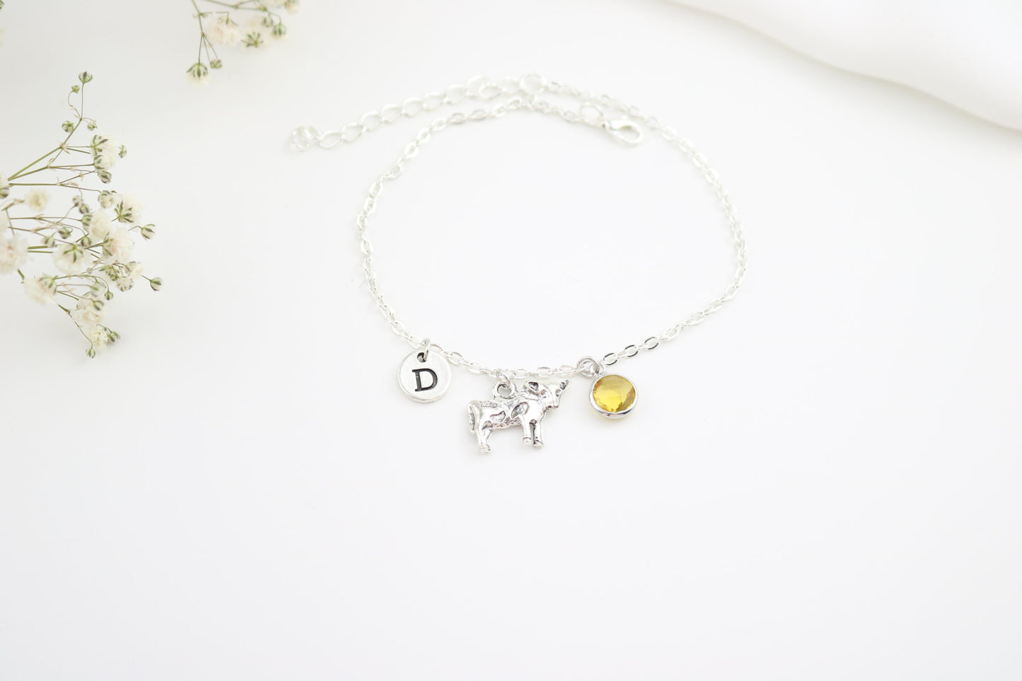 Silver Cow Anklet: Personalized Initial & Birthstone Charm