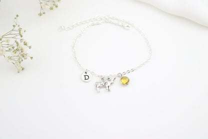 Silver Cow Anklet: Personalized Initial & Birthstone Charm