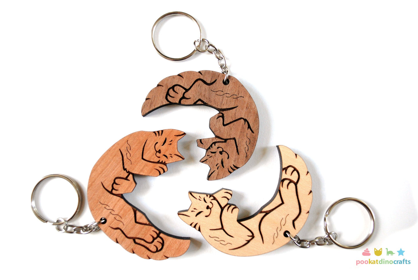 Interlocking Cat Trio Keychains - Family, Friendship, Poly Relationship couple keychain set