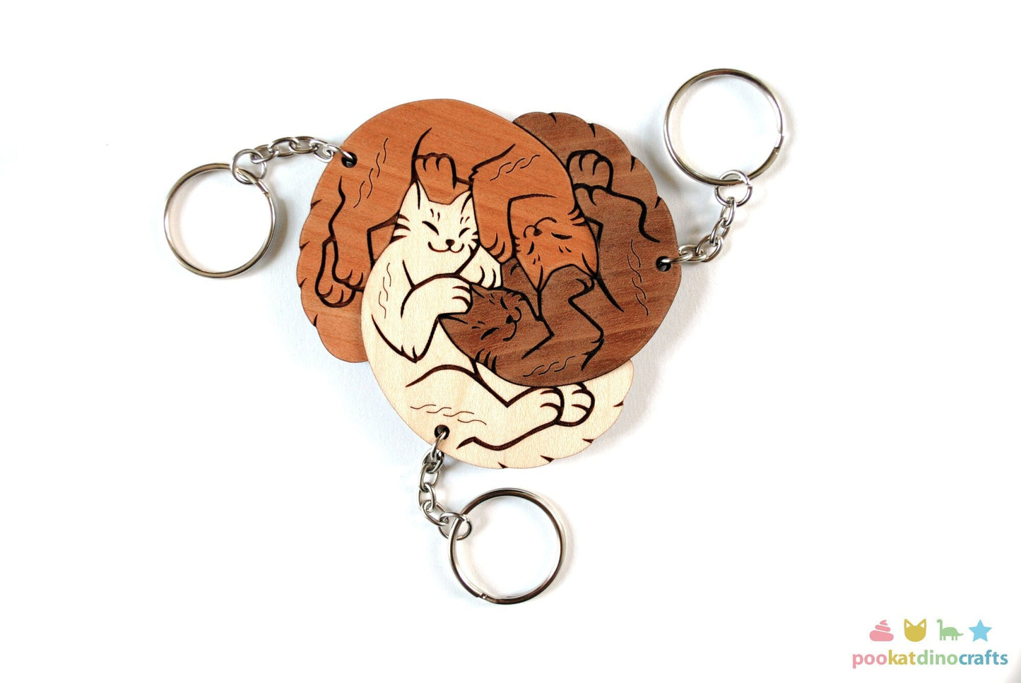 Interlocking Cat Trio Keychains - Family, Friendship, Poly Relationship couple keychain set