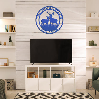 Round Custom Family Name Deer Metal Sign