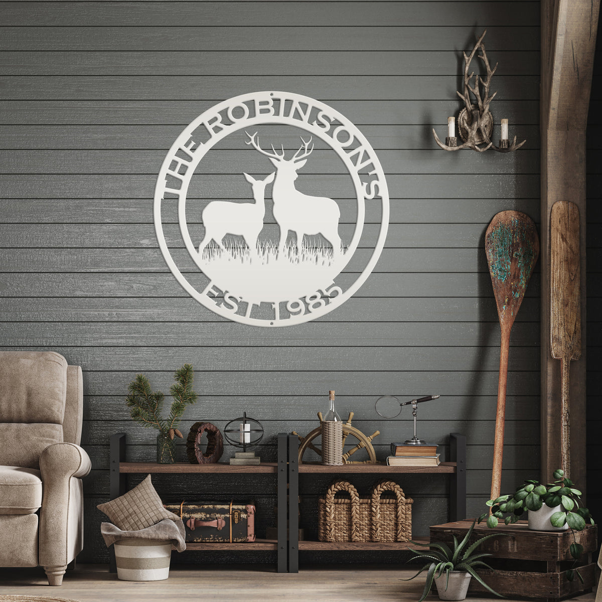 Round Custom Family Name Deer Metal Sign