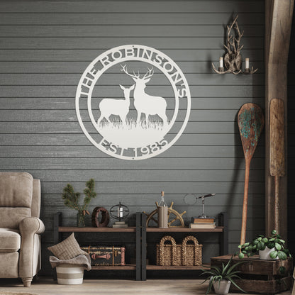 Round Custom Family Name Deer Metal Sign