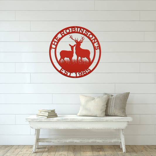 Round Custom Family Name Deer Metal Sign