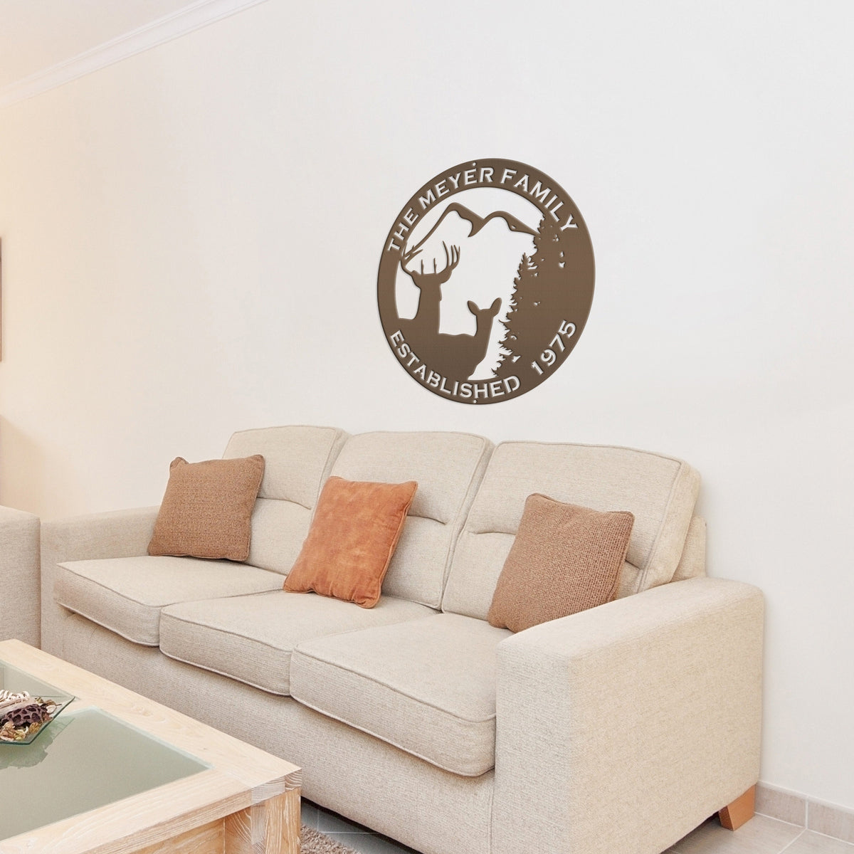 Personalized Family Name Outdoor Deer Scene with Established Date Round Metal Sign