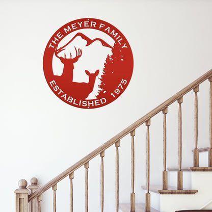 Personalized Family Name Outdoor Deer Scene with Established Date Round Metal Sign