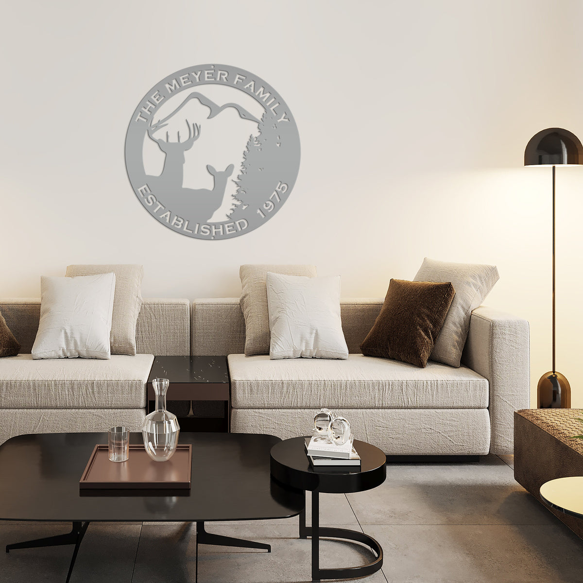 Personalized Family Name Outdoor Deer Scene with Established Date Round Metal Sign