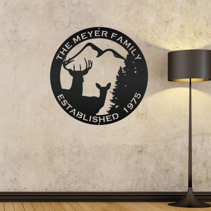 Personalized Family Name Outdoor Deer Scene with Established Date Round Metal Sign