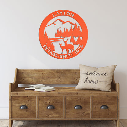 Personalized Family Name Outdoor Mountain Deer Scene with Established Date Round Metal Sign
