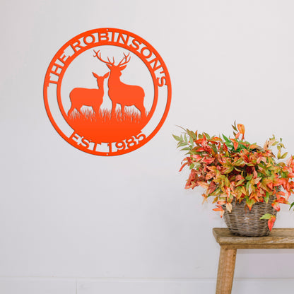 Round Custom Family Name Deer Metal Sign