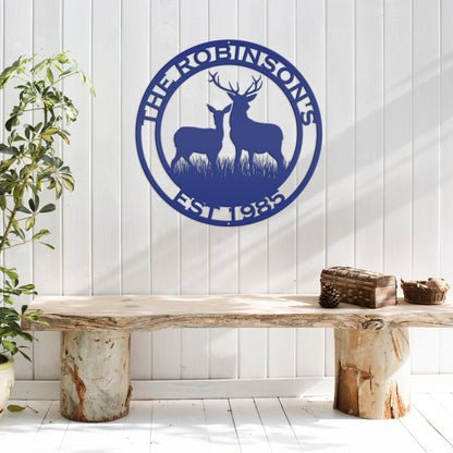 Round Custom Family Name Deer Metal Sign
