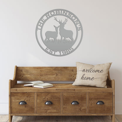 Round Custom Family Name Deer Metal Sign