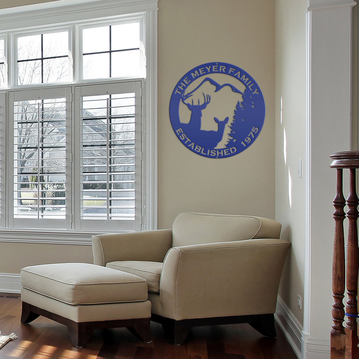 Personalized Family Name Outdoor Deer Scene with Established Date Round Metal Sign
