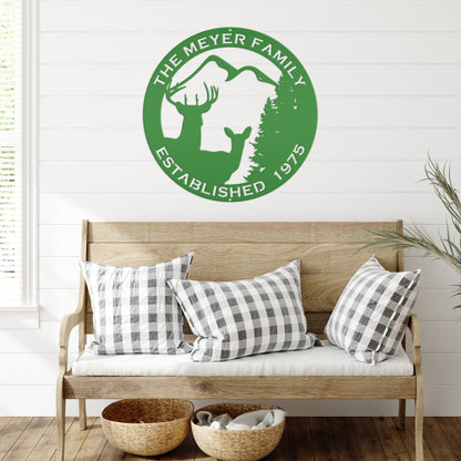 Personalized Family Name Outdoor Deer Scene with Established Date Round Metal Sign